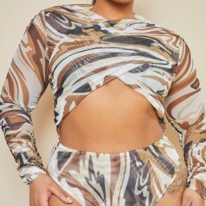PLT - Chocolate Abstract Print Mesh Ruched Cross Over Bodysuit